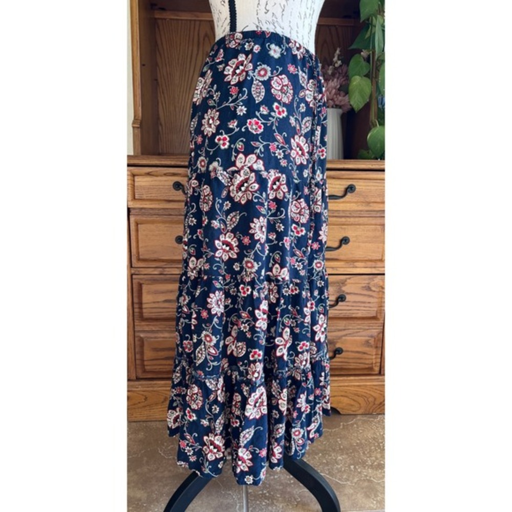 Vintage White Stag Navy Floral Paisley Tiered Maxi Skirt Boho Large 12/14 - Picture 2 of 6